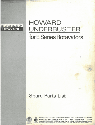 Howard Rotavator Underbuster for the E Series Parts Manual