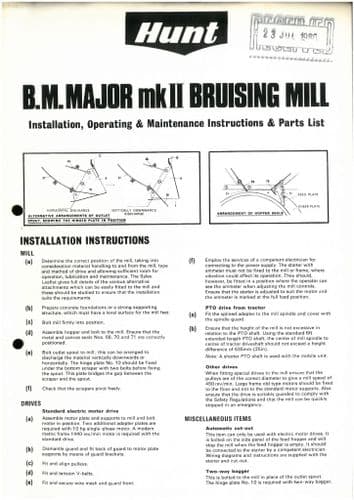 Hunt B M Major MkII Bruising Mill Operators Manual with Parts List