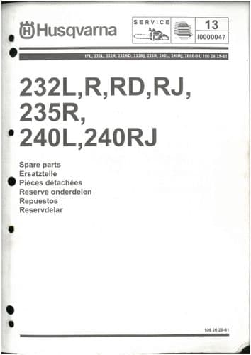 Husqvarna Brush Cutter/Strimmer 232 L, R, RD, RJ  235 R  240 L, 2440 RJ Parts Manual