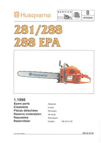 Husqvarna Chainsaw 281 288 288EPA Parts Manual