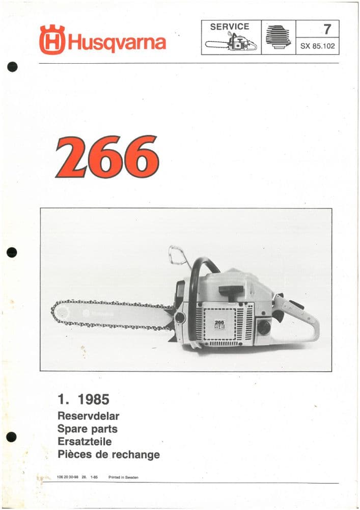 Husqvarna Chainsaw Model 266 Parts Manual - ORIGINAL
