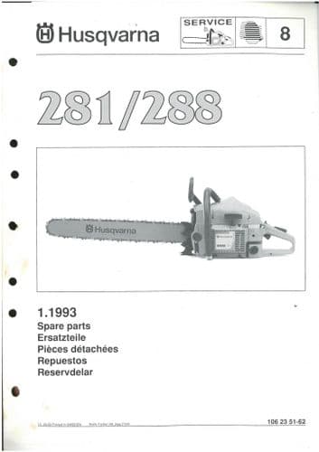 Husqvarna Chainsaw Model 281/288  Parts Manual 281, 288