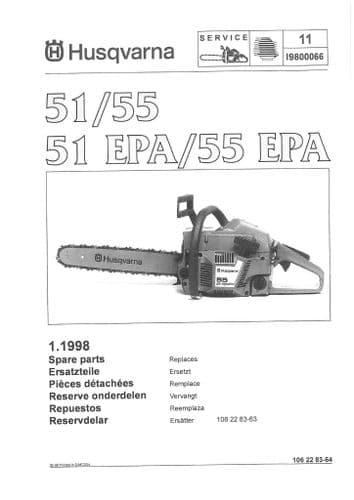 Husqvarna Chainsaw Model 51-55-51EPA - 55EPA  Parts Manual