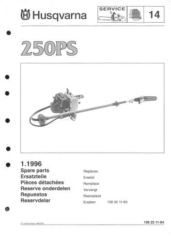 Husqvarna Long Reach Hedge Strimmer 250PS Parts Manual 250 PS