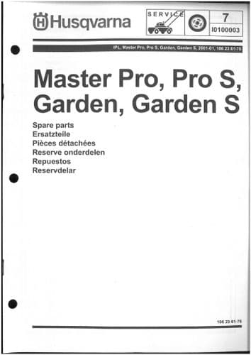 Husqvarna Mower Master Pro, Pro S, Garden, Garden S Parts Manual