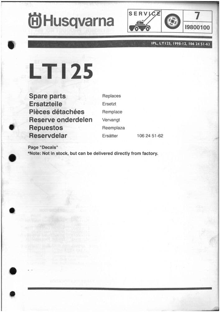 Husqvarna Ride on Garden Tractor Mower LT 125 Parts Manual - ORIGINAL