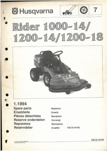 Husqvarna Ride on Garden Tractor Mower Rider 1000 - 14/1200 - 14/1200-18 Parts Manual