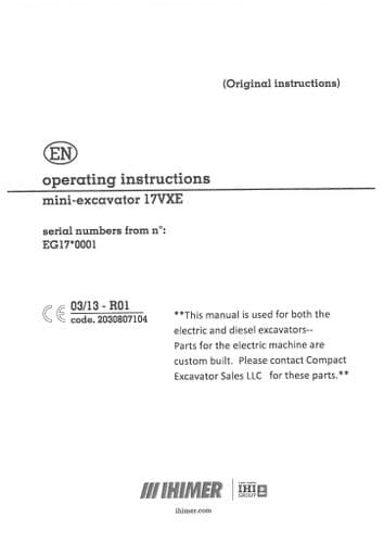 IHI Mini Excavator 17VXE Operators Manual