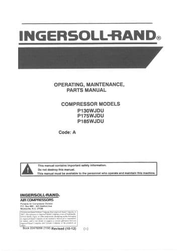 Ingersol Rand Compressor P130WJDU P175WJDU P185WJDU Operators Manual