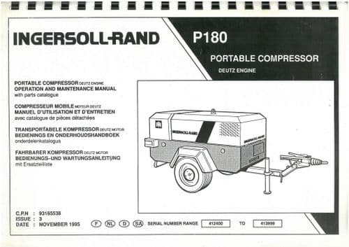 Ingersoll - Rand Compressor Deutz Engine P180 Operators & Maintenance Manual - P 180