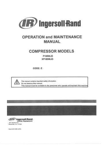 Ingersoll Rand Compressor P185WJD & XP185WJD Operators Manual