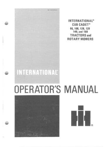 International Cub Cadet Garden Tractor & Rotary Mower 86 108 128 129 149 169 Operators Manual