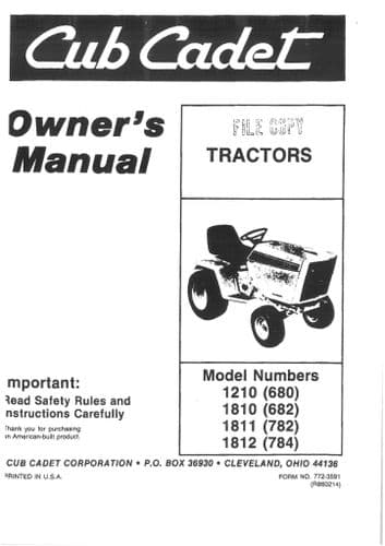 International Cub Cadet Ride On Tractor Mower 1210 1810 1811 1812 Operators Manual 680 682 782 784