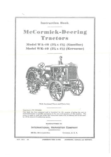 International Harvester McCormick Deering WA40 & WK40 Operators Manual