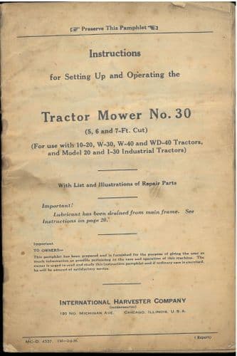 International No30 Tractor Mower Operators Manual - No.30