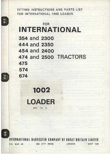 International Tractor Front End Loader 1002 Fitting Instructions and Parts Manual