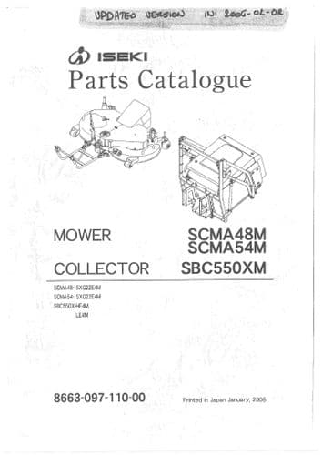 Iseki Mower SCMA48M & SCMA54M plus Collector SBC550XM Part Manual