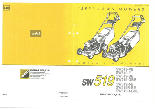 Iseki Push Along Lawn Mower SW519 Operators Manual