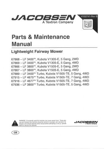 Jacobsen Fairway Mower LF3400 LF3800 LF4675 LF4677 Operators Manual And Spare Parts List