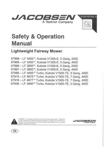 Jacobsen Fairway Mower LF3400 LF3800 LF4675 LF4677 Operators Manual