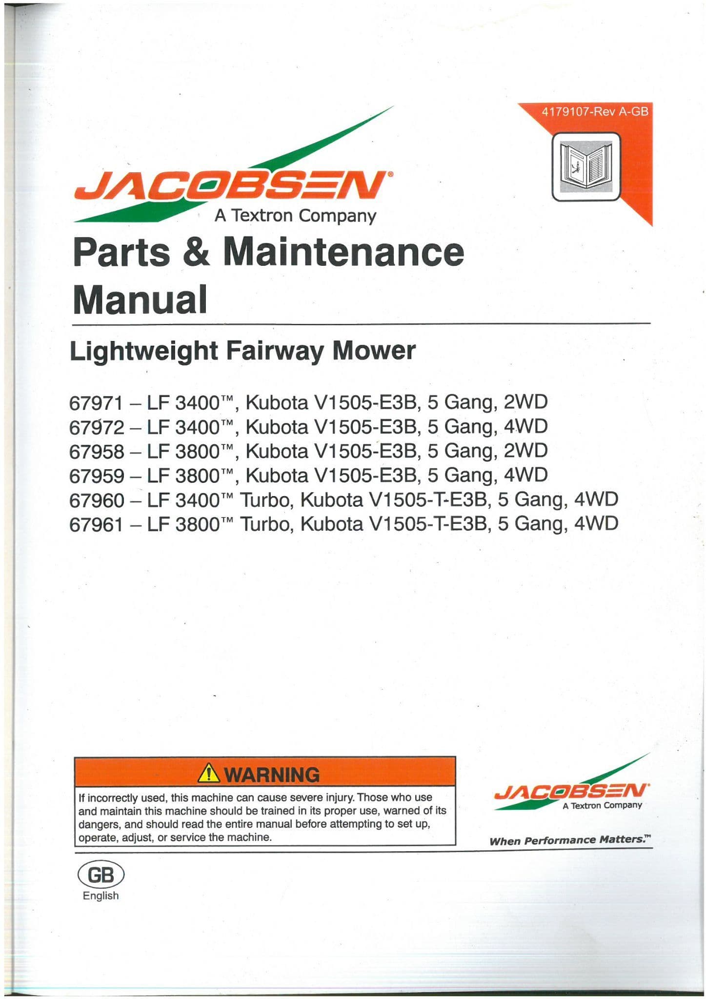 Jacobsen Fairway Mower LF3400 LF3800 Operators Manual And Spare Parts List