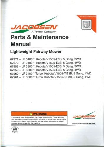 Jacobsen Fairway Mower LF3400 LF3800 Operators Manual And Spare Parts List