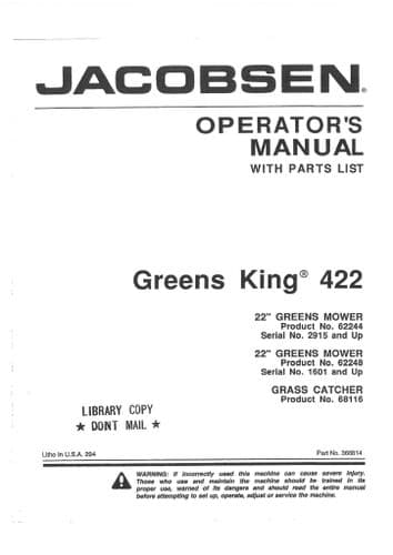 Jacobsen Green King 422 Operators Manual And Spare Parts List