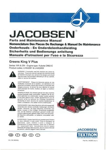 Jacobsen Green King V Plus Operators Manual And Spare Parts List