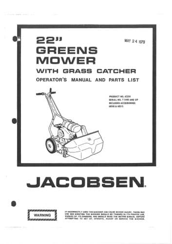 Jacobsen Green Mower 22" Operators Manual And Spare Parts List - 22 Inch