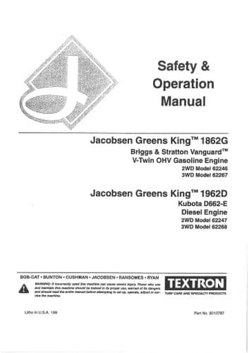 Jacobsen Greens King 1862G, 1962D Operators Manual