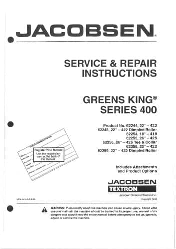 Jacobsen Greens King Series 400 Mower  Workshop Service Repair Manual