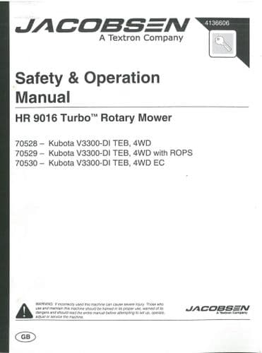 Jacobsen Kubota HR 9016 Turbo Rotary Mower 70528 70529 70530 - V3300-DI TEB, 4WD Operators Manual