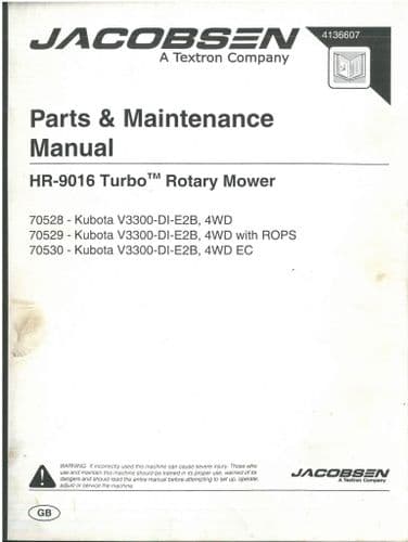 Jacobsen Kubota HR 9016 Turbo Rotary Mower 70528 70529 70530 - V3300-DI TEB, 4WD  Ops & Parts Manual