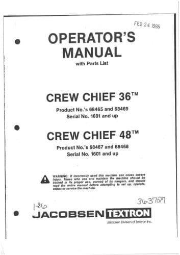 Jacobsen Mower Crew Chief 36 48 Operators Manual And Spare Parts List