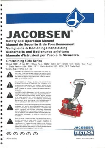 Jacobsen Mower Greens King - Models 518A 522A 522TA 526A Operators Manual