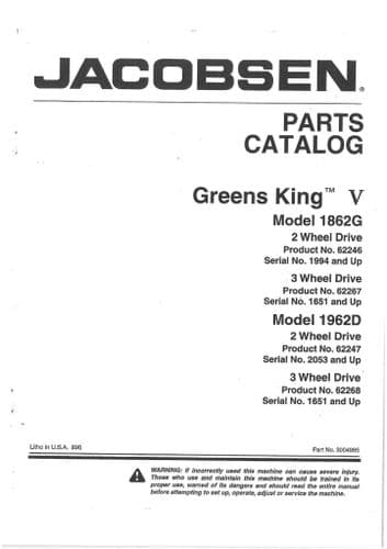 Jacobsen Mower Greens King V 1862G 1962D Parts Manual