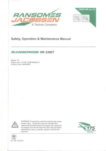 Jacobsen Ransomes Mower HR3300T Operators Manual - HR 3300T - ORIGINAL