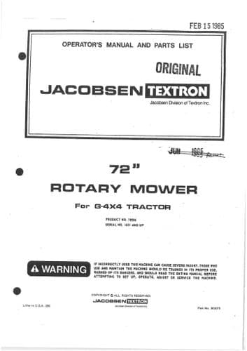 Jacobsen Rotary Mower 72" Operators Manual And Spare Parts List -72 Inch