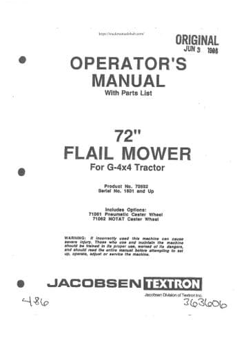 Jacobsen Textron Flail Mower 72 Inch for D-4x4 Tractor Operators Manual