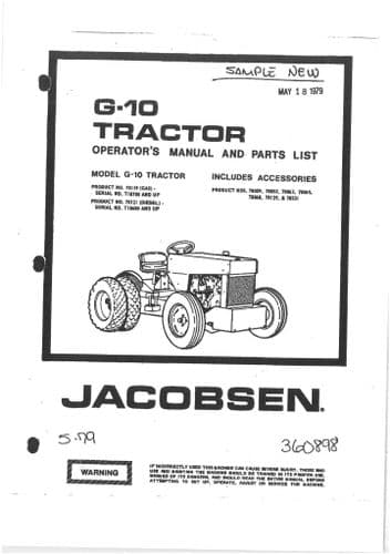 Jacobsen Tractor G10 Operators Manual And Spare Parts List