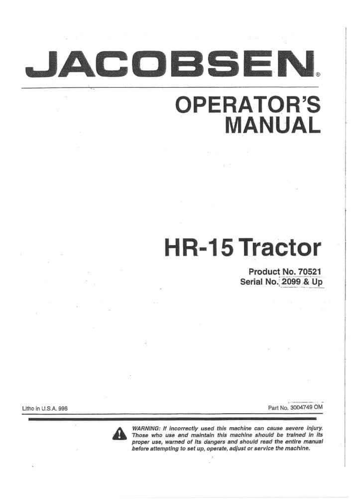Jacobsen Tractor HR15 Operators Manual HR 15