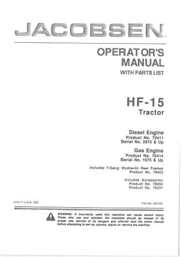 Jacobsen Tractor Mower HF15 Operators Manual And Spare Parts List - HF 15