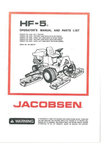 Jacobsen Tractor Mower HF5 Operators Manual And Spare Parts List - HF 5