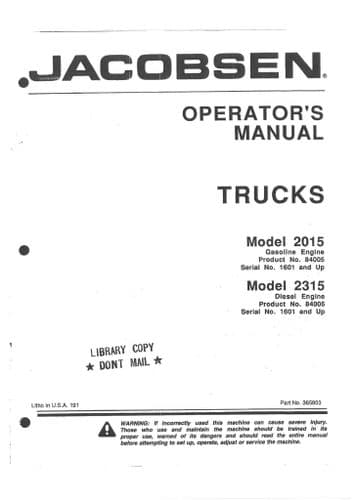 Jacobsen Truck 2015 Gas & 2315 Diesel Operators Manual