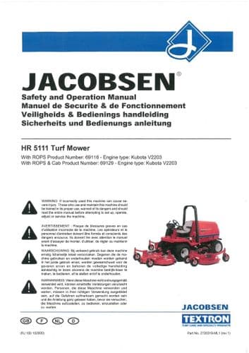 Jacobsen Turf Mower HR5111 Operators Manual - HR 5111