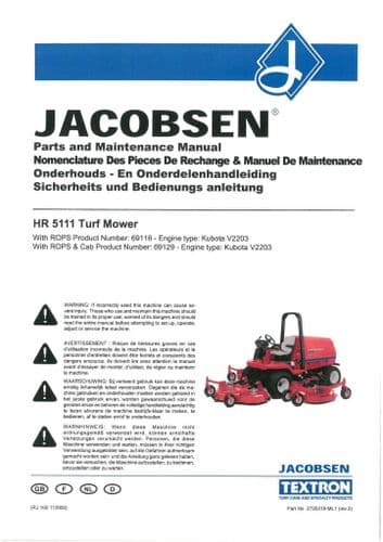 Jacobsen Turf Mower HR5111 Operators Manual & Parts List - HR 5111