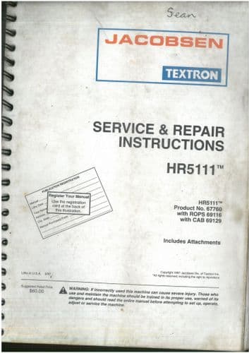 Jacobsen Turf Mower HR5111 Workshop Service Manual Manual - HR 5111 - ORIGINAL