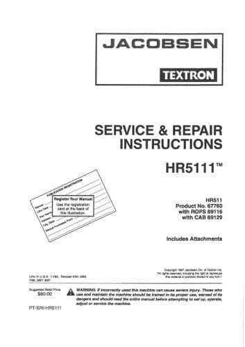 Jacobsen Turf Mower HR5111 Workshop Service Manual Manual - HR 5111