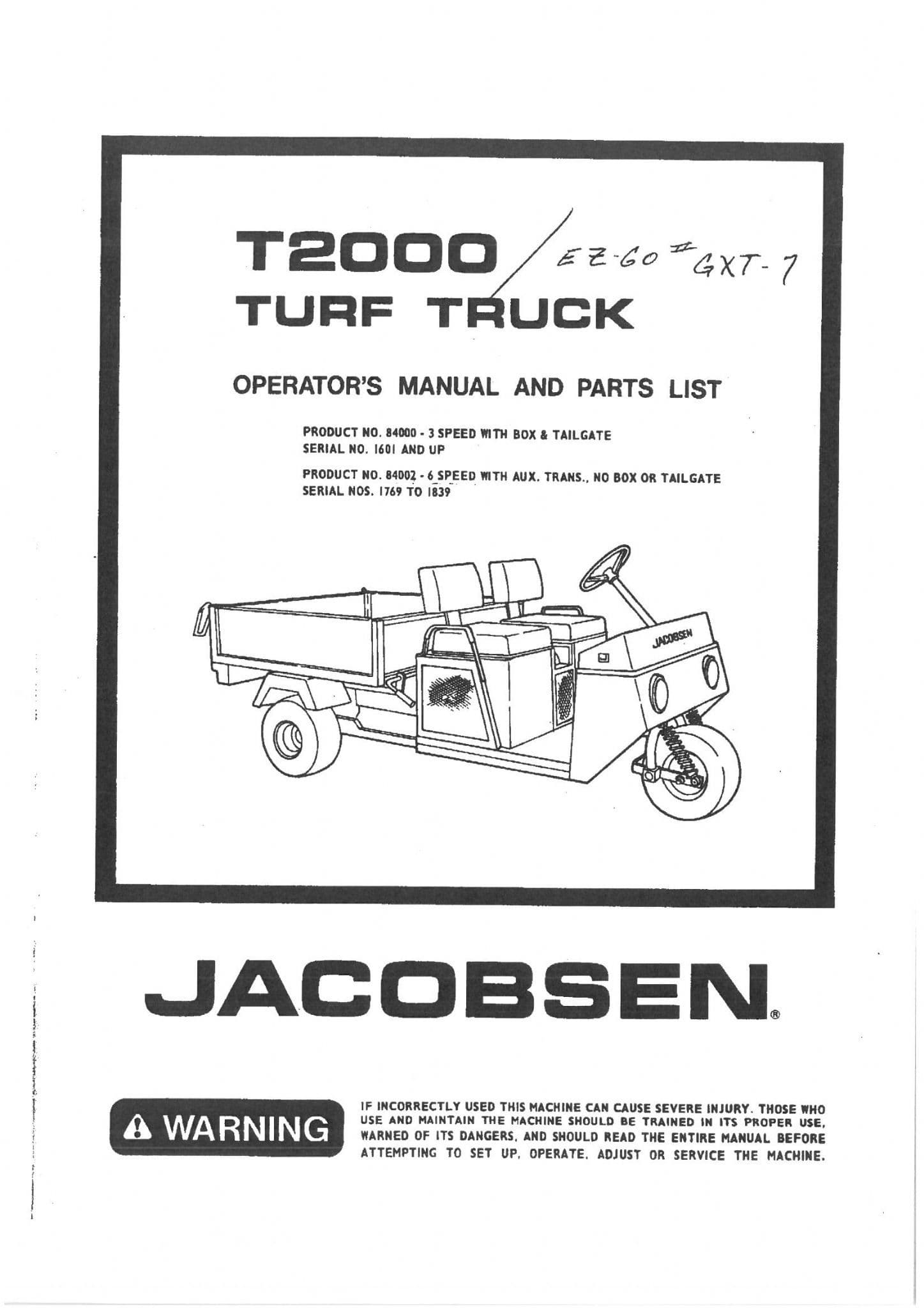 Jacobsen Turf Truck T2000 Operators Manual And Spare Parts List