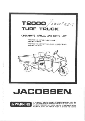 Jacobsen Turf Truck T2000 Operators Manual And Spare Parts List